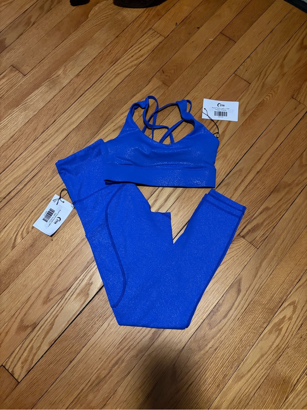 ZYIA Electric Blue High-Waist Leggings with Strappy Sports Bra Set